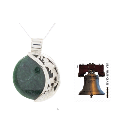 Jade pendant necklace, 'Green Quetzal Eclipse' - Eclipse Green Jade and Sterling Silver Pendant Necklace