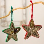 Recycled paper ornaments, 'Stars of Joy' (set of 4) - Hand Crafted Recycled Paper Christmas Ornaments (Set of 4)