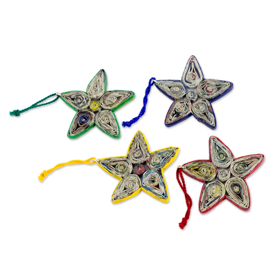 Recycled paper ornaments, 'Stars of Joy' (set of 4) - Hand Crafted Recycled Paper Christmas Ornaments (Set of 4)