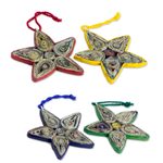 Recycled paper ornaments, 'Stars of Joy' (set of 4) - Hand Crafted Recycled Paper Christmas Ornaments (Set of 4)