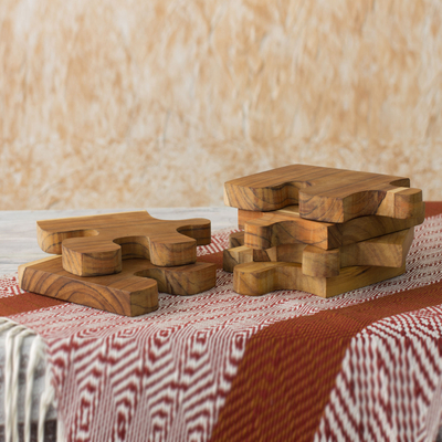 Teak trivets, 'Puzzle' (set of 6) - Six Interlocking Eco-Friendly Teak Wood Trivets