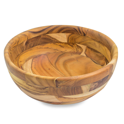 Teak serving bowl, 'Forest Mosaic' - Guatemalan Teakwood Artisan Handmade 10-inch Bowl