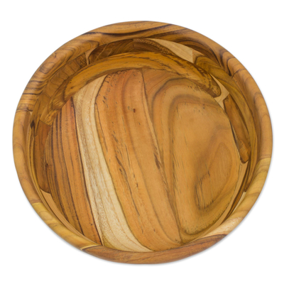 Teak serving bowl, 'Forest Mosaic' - Guatemalan Teak Wood Artisan Handmade 10-inch Bowl