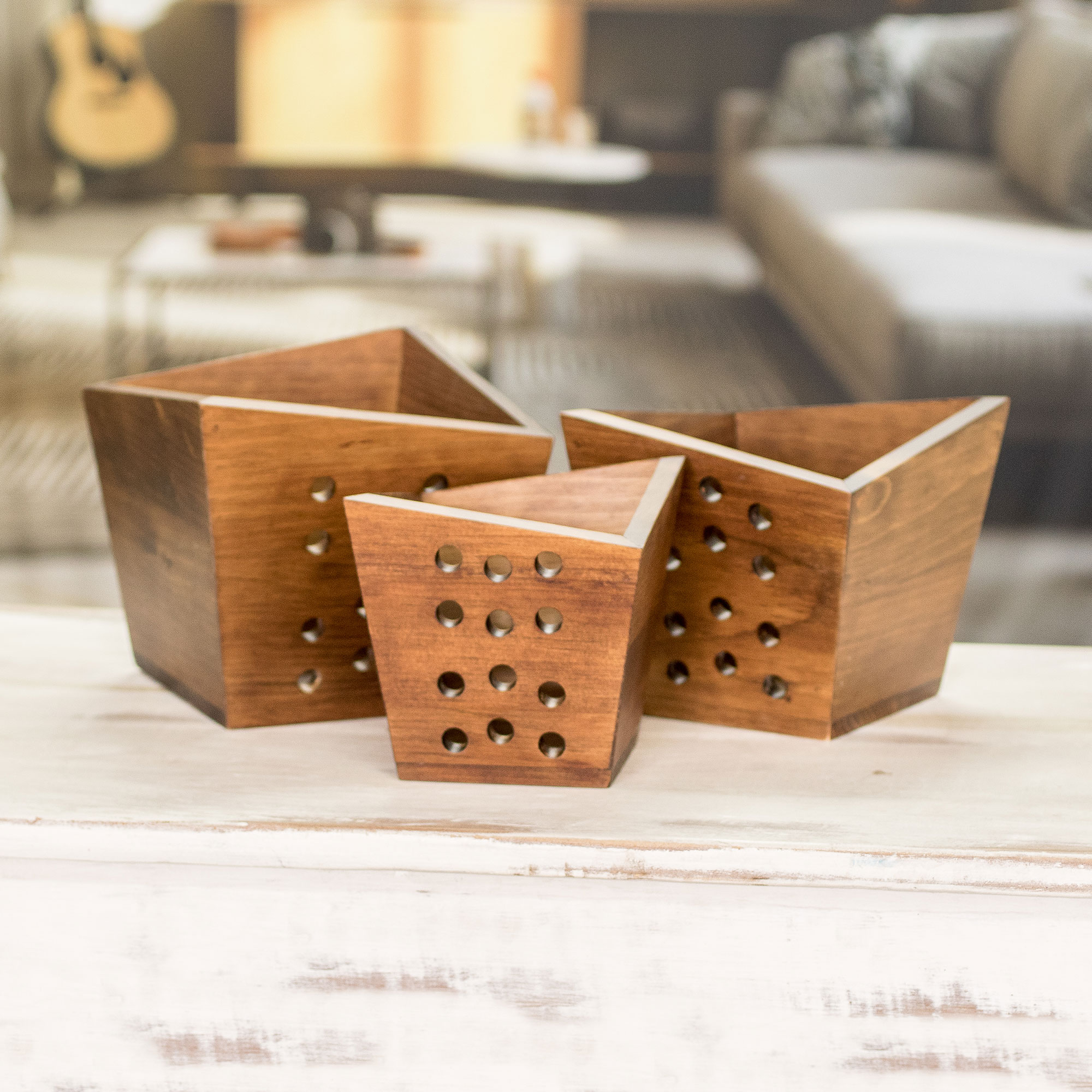 Wooden Collapsible Fruit Basket (12x12x12) | Hand made Wood Basket with  Circular Trivet/Holder |Hand made wooden basket for kitchen counter 