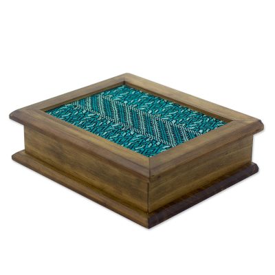 Wood and cotton tea box, 'San Martin Turquoise' - Maya Backstrap Weaving and Alder Wood Tea Box
