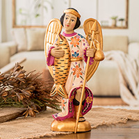 Wood sculpture, 'Archangel Raphael' - Gilded Hand Carved Wood Catholic Archangel Sculpture