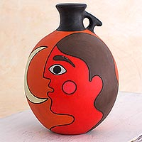 Ceramic decorative vase, 'Masaya Nightfall' - Man with Moon Signed Artisan Crafted Decorative Vase