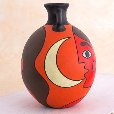 Ceramic decorative vase, 'Masaya Nightfall' - Man with Moon Signed Artisan Crafted Decorative Vase
