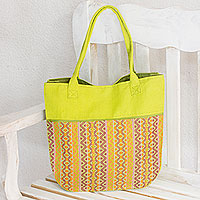 Cotton tote handbag, 'Maya Lemon' - Handwoven Yellow and Orange Tote Handbag from Guatemala