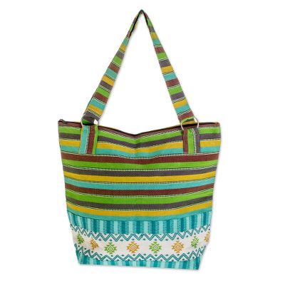 Cotton tote handbag, 'Joyous Colors' - Guatemalan Handwoven Turquoise Cotton Tote with Green Yellow