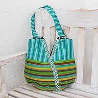 Cotton tote handbag, 'Colors in V' - Guatemalan Hand Woven Cotton Tote with Turquoise Trim