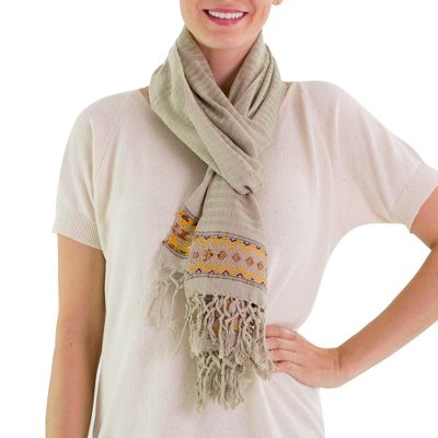 Cotton shawl, 'Diamond Mist' - Hand Woven Cotton Green Grey Scarf from Guatemala