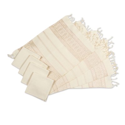 Cotton placemats and napkins, 'Textures' (set for 4) - Hand Woven Set of 4 Ivory Cotton Placemats and Napkins