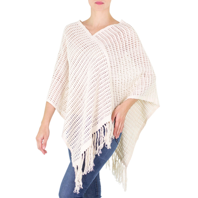 Handloomed Open Weave Cream Color Cotton Poncho