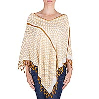 Cotton poncho, 'Maize Kernels' - Handwoven Cotton Poncho with Crochet Trim from Guatemala