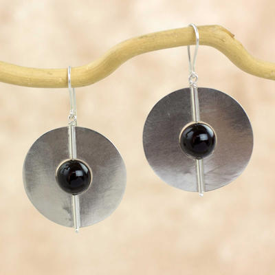 Onyx dangle earrings, 'Full Moons' - Round Hand Crafted Sterling Silver Earrings with Onyx