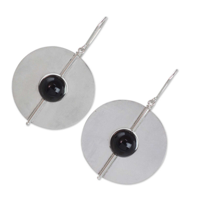 Onyx dangle earrings, 'Full Moons' - Round Hand Crafted Sterling Silver Earrings with Onyx
