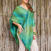 Rayon poncho, 'Ethereal Turquoise' - Backstrap Loom Bamboo fibre Poncho with Fringe