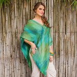 Rayon poncho, 'Ethereal Turquoise' - Backstrap Loom Rayon Poncho with Fringe