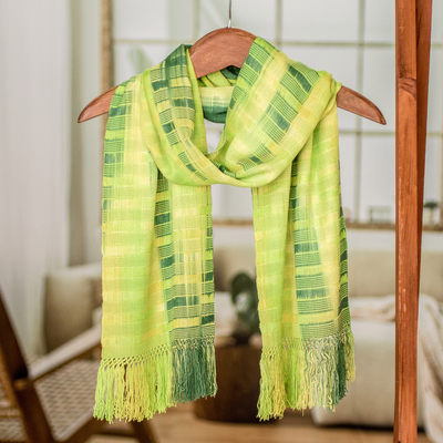 Rayon chenille scarf, 'Evergreen' - Backstrap Rayon Chenille Handmade Scarf in Shades of Green