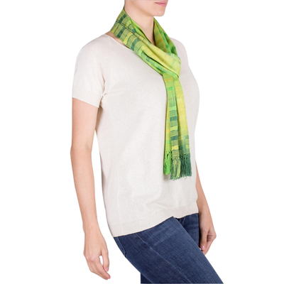 Rayon chenille scarf, 'Evergreen' - Backstrap Rayon Chenille Handmade Scarf in Shades of Green