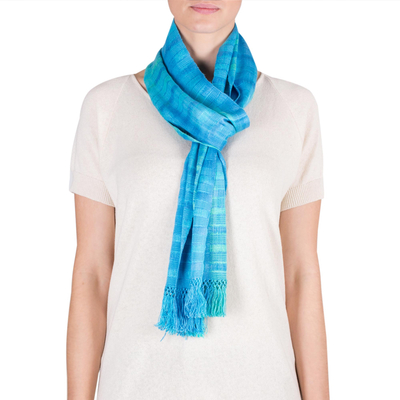 Bufanda de rayón - Bufanda hecha a mano de rayón en telar de espalda en azul