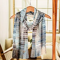 Rayon scarf, 'Waves on the Lake' - Backstrap Rayon Handmade Scarf in Blue and Grey