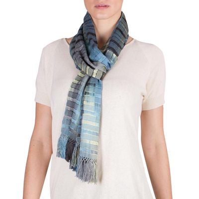 Rayon chenille scarf, 'Waves on the Lake' - Backstrap Rayon Chenille Handmade Scarf in Blue and Grey