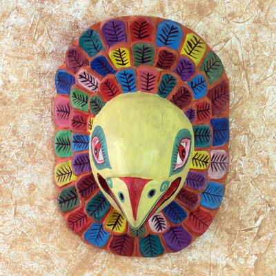Wood mask, 'Guacamaya' - Colorful Hand Carved Pinewood Macaw Wall Mask from Guatemala