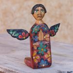Wood statuette, 'Angel of Vitality II' - Kneeling Angel Artisan Crafted Wood Sculpture Statuette