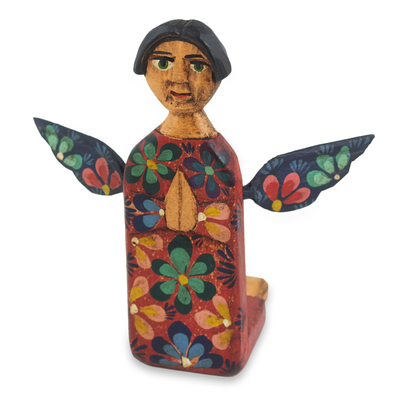 Wood statuette, 'Angel of Vitality II' - Kneeling Angel Artisan Crafted Wood Sculpture Statuette