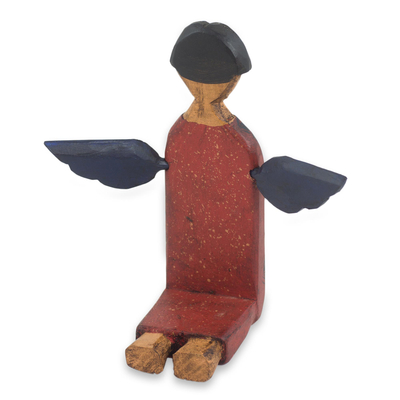 Wood statuette, 'Angel of Vitality II' - Kneeling Angel Artisan Crafted Wood Sculpture Statuette