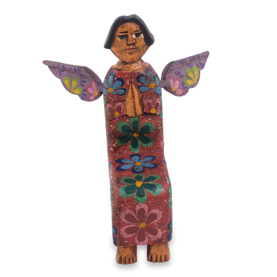 Wood statuette, 'Angel of Vitality III' - Guatemalan Artisan Crafted Sitting Angel Pinewood Sculpture