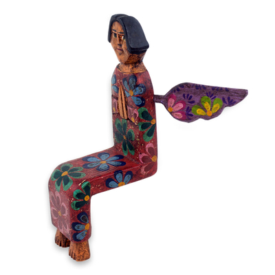 Wood statuette, 'Angel of Vitality III' - Guatemalan Artisan Crafted Sitting Angel Pinewood Sculpture