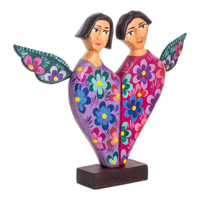 Wood sculpture, 'Angels of Love I' - Heart Shaped Pinewood Angel Sculpture Carved by Hand