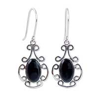 Black jade dangle earrings, 'Wild Flower'