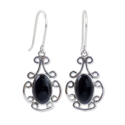 Black jade dangle earrings, 'Wild Flower' - Artisan Crafted Black Jade and Sterling Silver Earrings