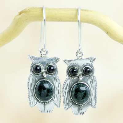 Jade dangle earrings, 'Dapper Owls' - Black and Green Jade and Sterling Silver Owl Earrings