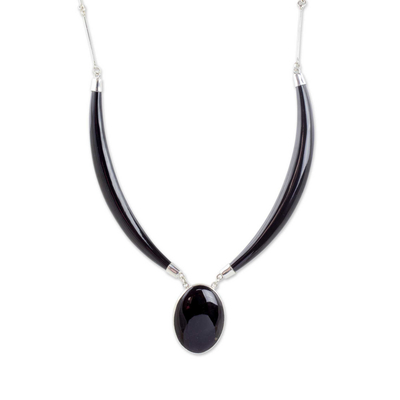 Black jade pendant necklace, 'Maya Elegance' - Black Jade Pendant Necklace with Sterling Silver