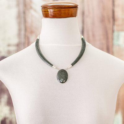 Dark green jade pendant necklace, 'Maya Elegance' - Dark Green Jade Pendant Necklace with Sterling Silver