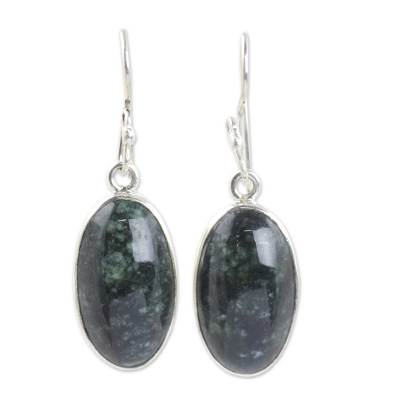 Dark green jade dangle earrings, 'Maya Elegance' - Guatemalan Dark Green Jade Sterling Silver Hook Earrings