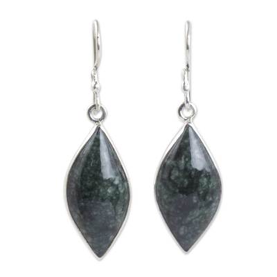 Dark green jade dangle earrings, 'Maya Shields' - Handmade Dark Green Jade Earrings with Silver Settings