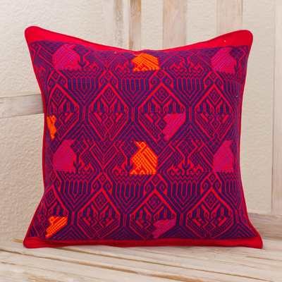 Cotton cushion cover, 'Birds in Color' - Handwoven Maya Backstrap Loom Red and Purple Cushion Cover