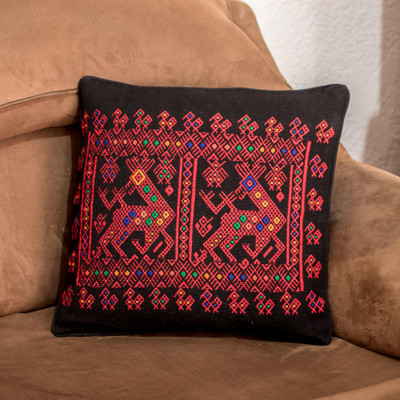 Cotton cushion cover, 'Red Maya Deer' - Red Deer Theme Maya Backstrap Black Cotton Cushion Cover