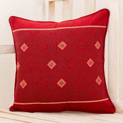 Cotton cushion cover, 'Mountains of Solola' - Maya Handwoven Burgundy Cotton Cushion Cover from Guatemala