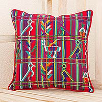 Cotton cushion cover, 'Red Birds in Corn'