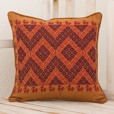 Cotton cushion cover, 'Traditional Symmetry' - Maya Backstrap Loom Woven Earth Tone Cotton Cushion Cover