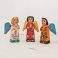 Wood figurines, 'Angelic Guardians of Peace' (set of 3) - Fair Trade Angel Figurines Hand Crafted Sculptures (Set 3)