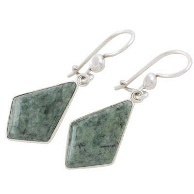 Jade dangle earrings, 'Jungle Pyramids' - Jade Earrings with Sterling Silver Settings from Guatemala
