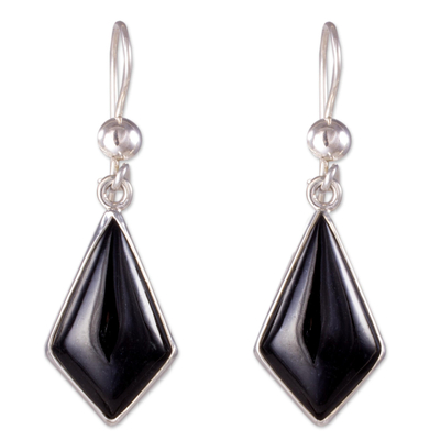 Black jade dangle earrings, 'Jungle Pyramids' - Black Guatemalan Jade Earrings in Sterling Silver